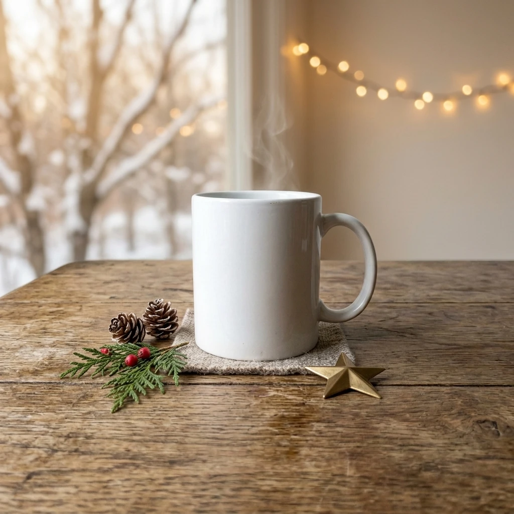 Coffee mug in a cozy seasonal holiday scene